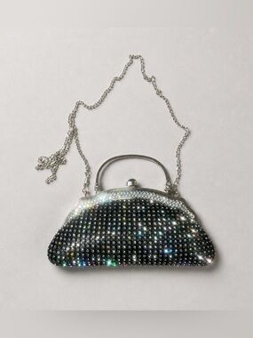 IN’S Crystal-Embellished Black Evening Clutch with Silver Chain